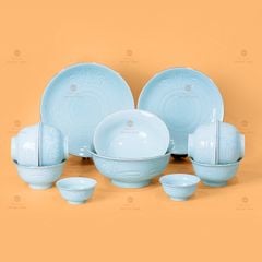 Bộ Bát Đĩa Men Xanh Ngọc Hoa Cúc Kẻ Vàng