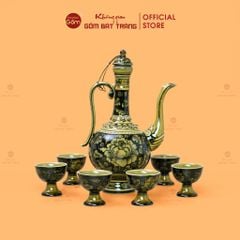 Bộ Bình Rượu Vẽ Tay Hoa Phù Dung Nền Đen